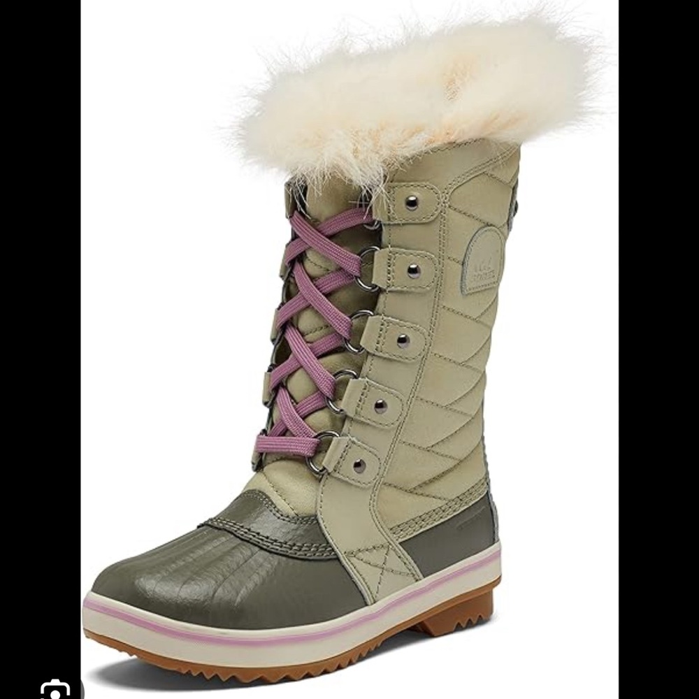 Sorel Kids Snow Boots Olive Cream Faux Fur Purple Laces Waterproof US 6